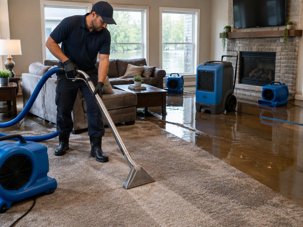 Technician extracting water from a flooded living room